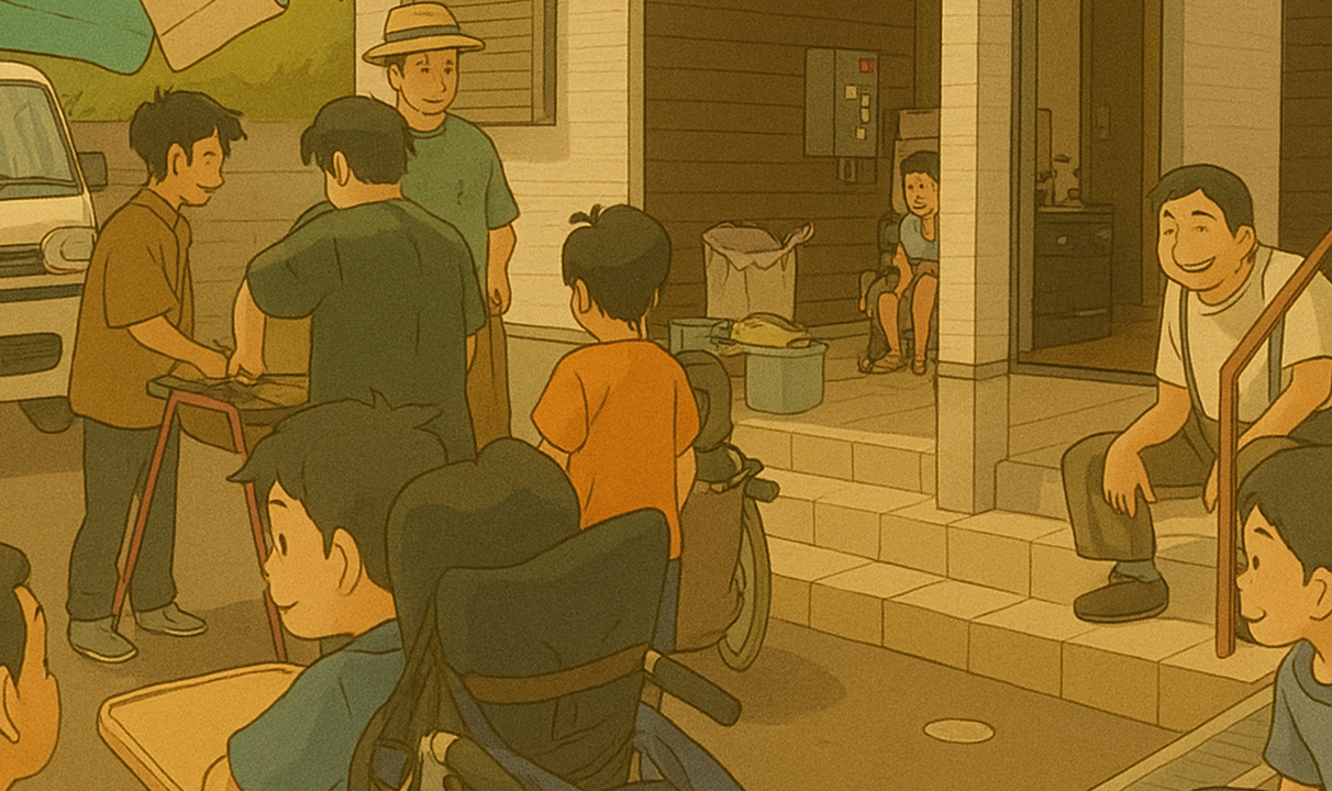 明るい室内で利用者と笑顔で話すスタッフ